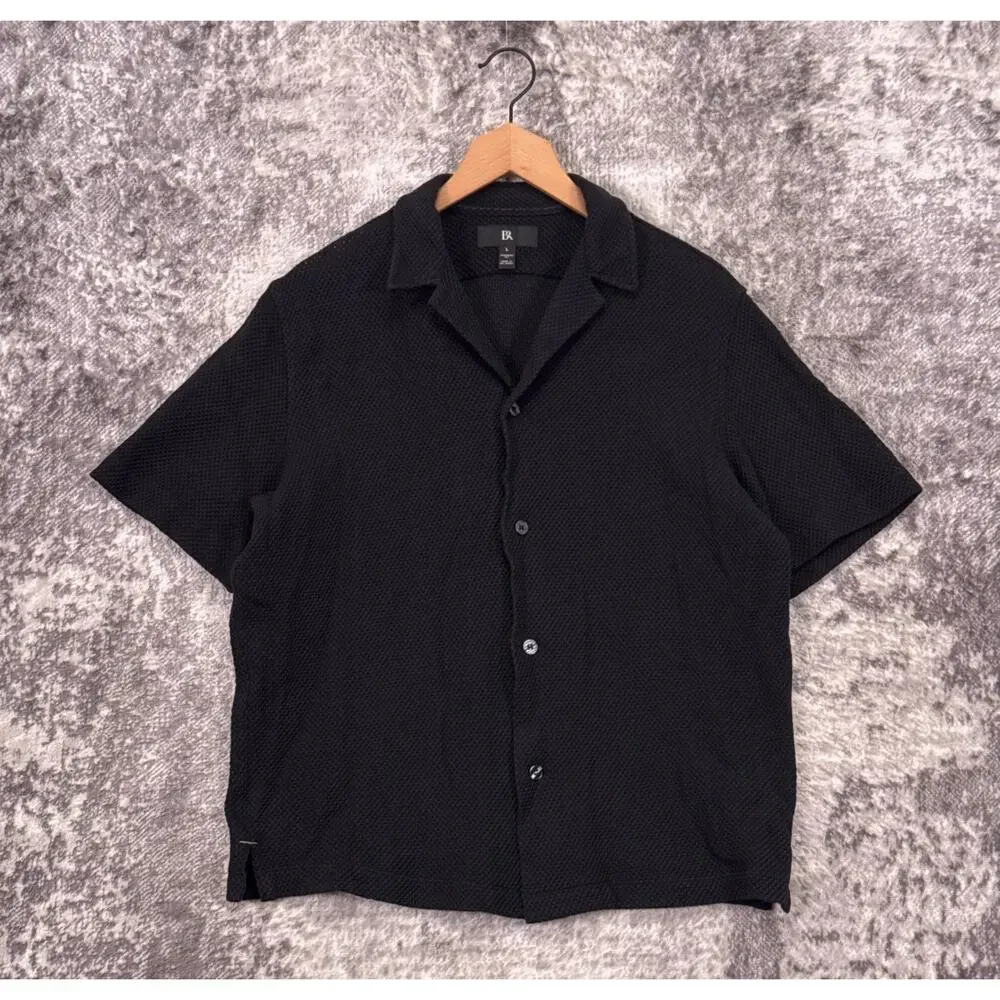 Banana Republic Shirt Large Mens Black Cotton Pique Cuban Camp Collar Resort